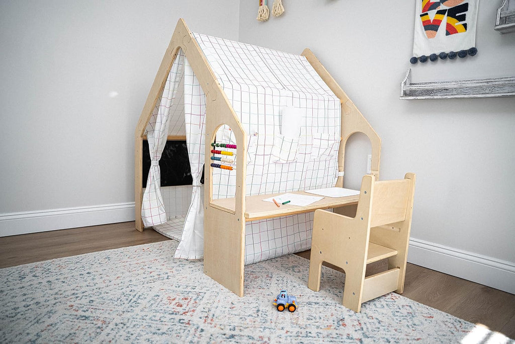 Avenlur Flair - 5 in 1 Indoor Playhouse with Desk Table, Chair, Chalkboard, Floor Cushion and Curtain Shades - Montessori and Waldorf Style for Ages 1 to 8 Years Old - (Large, Colorful Windowpane)