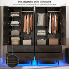 Hlivelood 2 Door Armoire Wardrobe Closet Cabinet with Mirror, Drawers and LED Lights, Multi-Tier Shelves, Hanging Rod & 2 Louver Doors, Large Capacity Storage Wardrobe Armoire for Bedroom, Black
