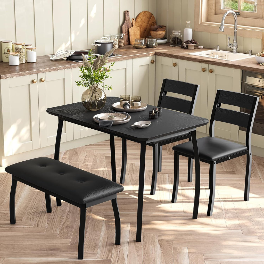 Dining Table Set for 4, 3-Piece Wooden Kitchen Table with 2 Upholstered Benches, Space-Saving Dinette Set for Restaurant, Studio, Dining Room, Home Kitchen, Gray (Black, 2 Chairs + 1 Bench)