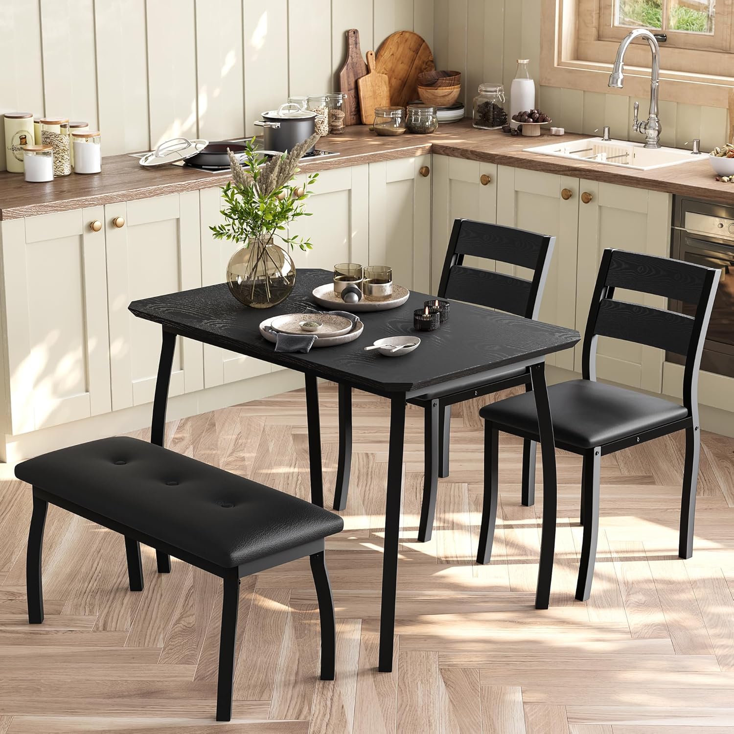 Dining Table Set for 4, 3-Piece Wooden Kitchen Table with 2 Upholstered Benches, Space-Saving Dinette Set for Restaurant, Studio, Dining Room, Home Kitchen, Gray (Black, 2 Chairs + 1 Bench)
