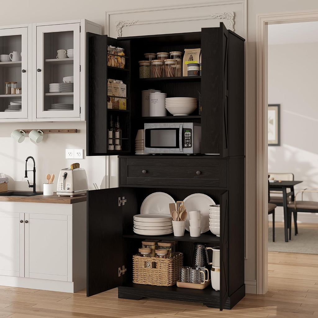Garvee 71" Kitchen Pantry Cabinet, Barn Door Freestanding Cupboard with Drawer, Sliding Storage Rack, and 6 Hanging Shelves for Kitchen, Dining Room, Living Room Bedroom