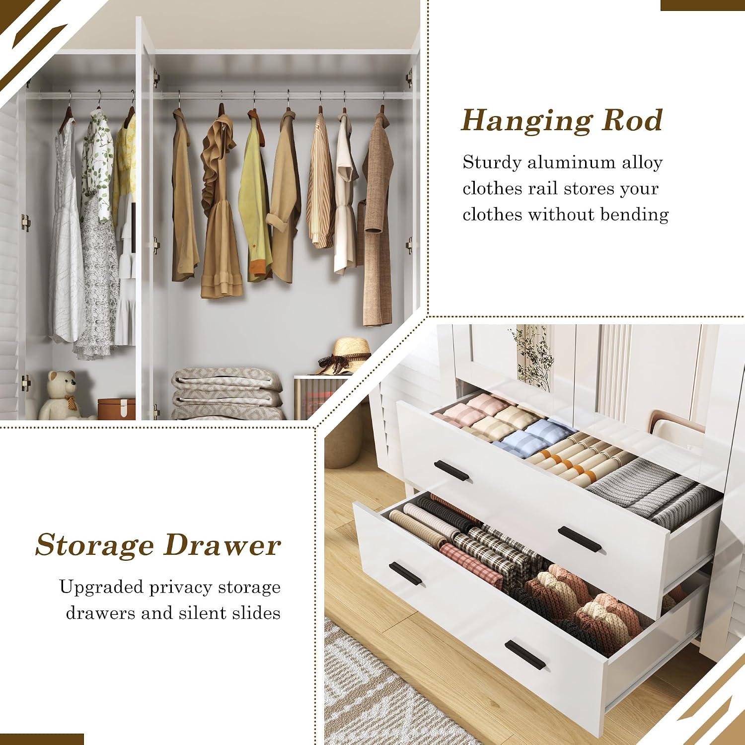 jiteentarou 4 Door Armoire Wardrobe Closet Cabinet with Drawers and LED Lights, Multi-Tier Shelves, Hanging Rod & 4 Louver Doors, Large Capacity Storage Wardrobe Armoire for Bedroom(4 Doors White)