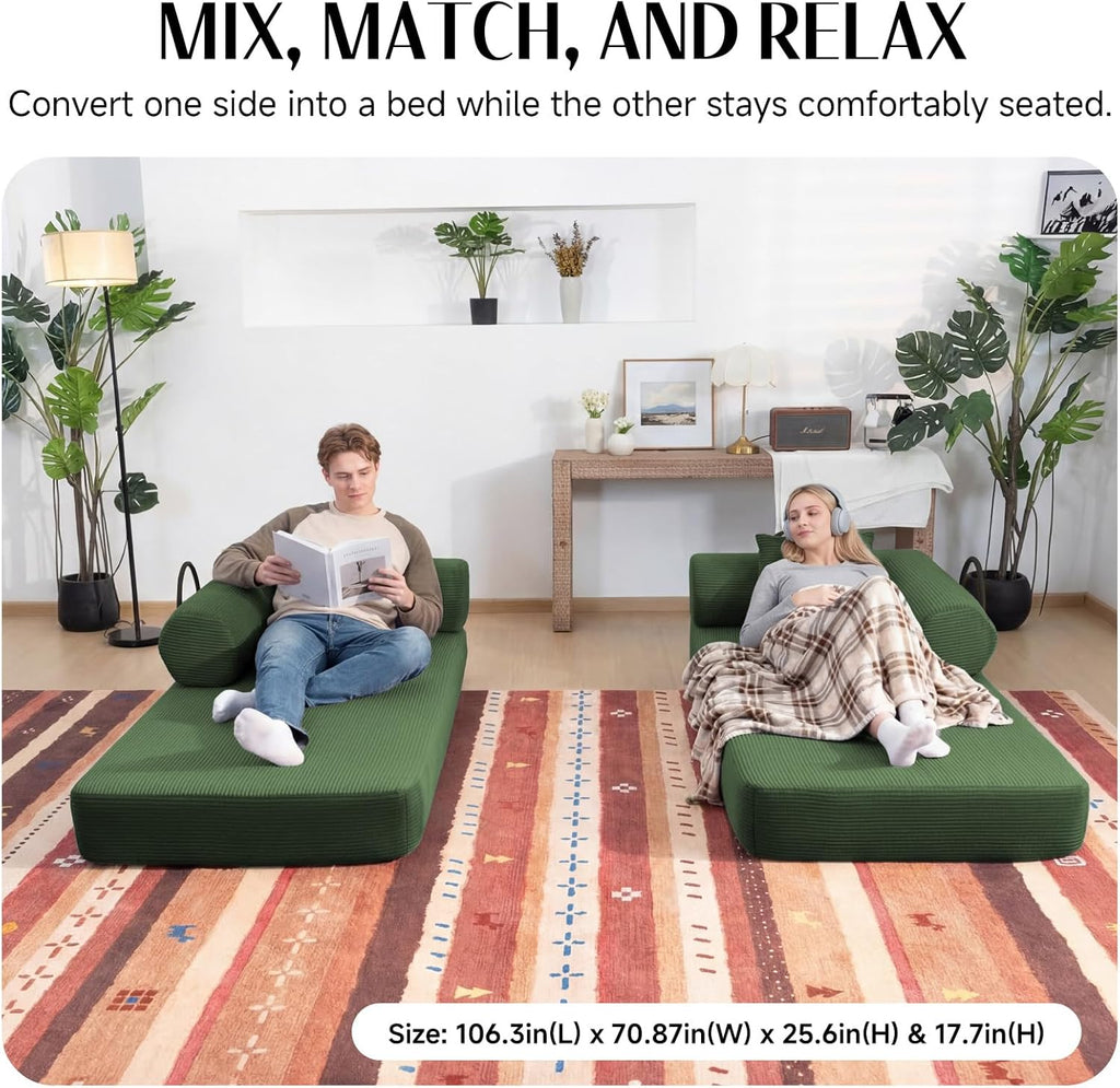 79" Corduroy Sofa Bed, Couch in a Box with 2 Pillows, High-Density Foam 4-in-1 Foldable Sleeper Futon Loveseat for Small Spaces, No Assembly, Side Pockets, Hex Arm Hunter Green