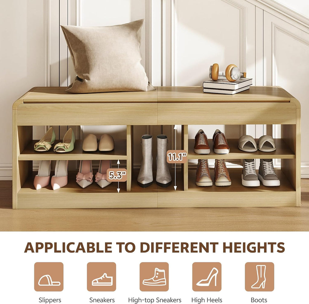 Shoe Storage Bench, 47.2in Entryway Bench with Flip-Open Storage Box, 2 Tier Shoe Rack Organizer with Shelf, Entryway Cabinet for Hallway Living Room Bedroom, Natural
