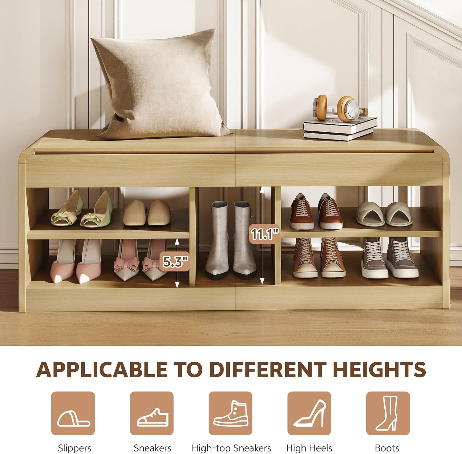 Shoe Storage Bench, 47.2in Entryway Bench with Flip-Open Storage Box, 2 Tier Shoe Rack Organizer with Shelf, Entryway Cabinet for Hallway Living Room Bedroom, Natural