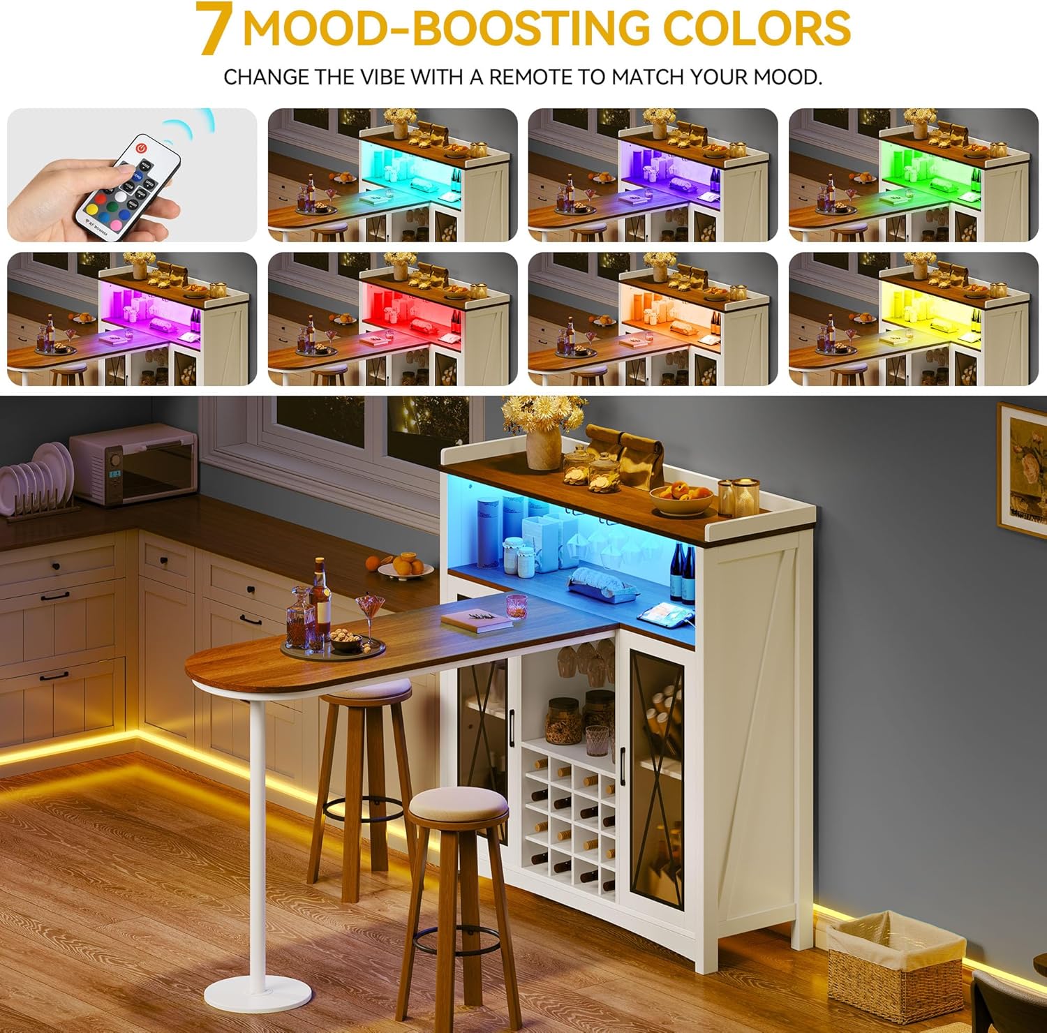 DWVO Farmhouse Wine Bar Cabinet with LED Lights, 47" Coffee Bar Station w/Bar Table, Wine Racks and Glass Holders, Clear Barn Door, Wood Kitchen Buffet Cabinet w/Storage for Living Dining Room, White