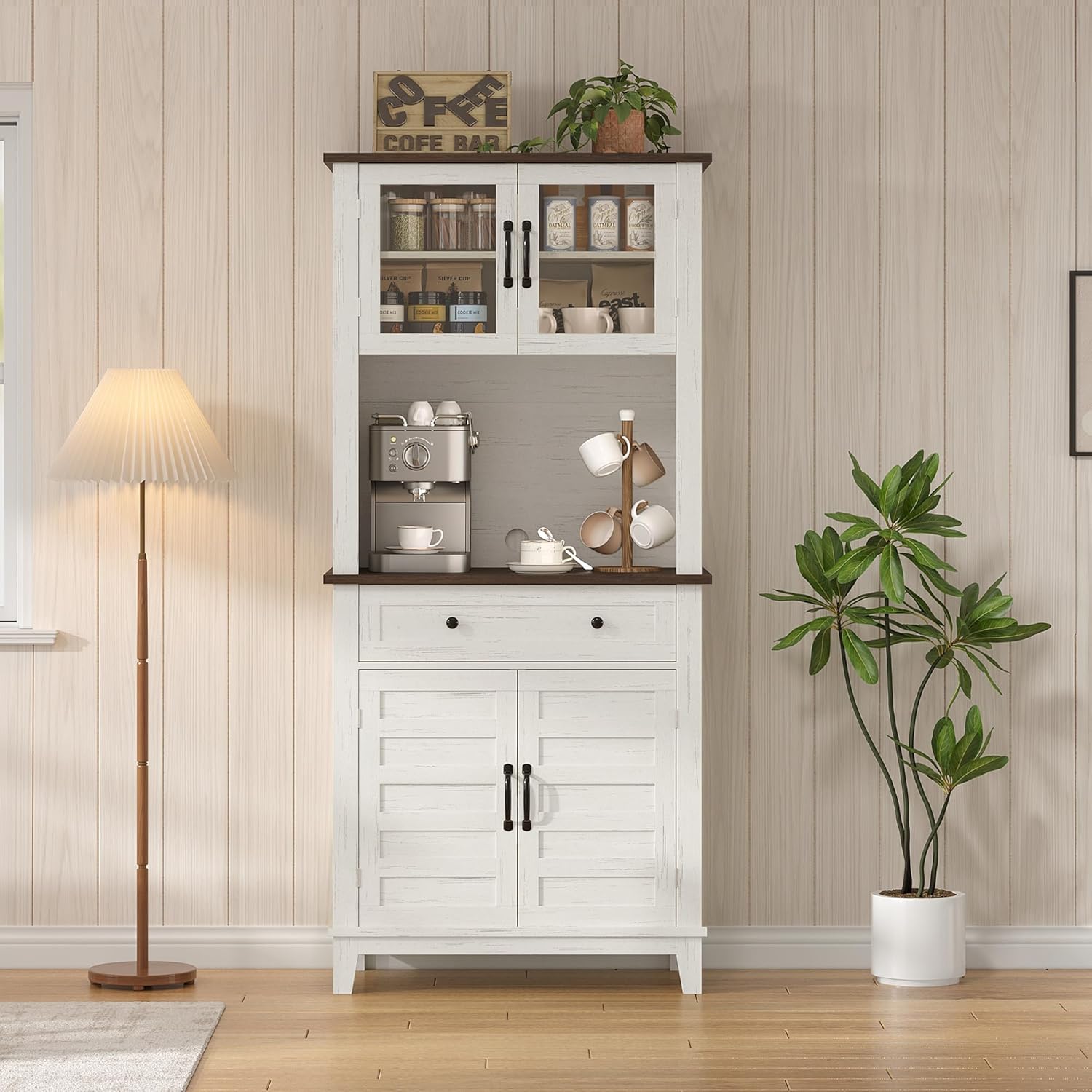 GAOMON Elegant 72" White Pantry Coffee Bar Cabinet – Tall Kitchen Storage with Adjustable Shelves, 4 Glass Doors & 1 Drawer – Multi-Functional Hutch for Dining Room & Kitchen, White