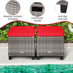 RELAX4LIFE 2-Piece Patio Rattan Ottomans - Outdoor Wicker Furniture w/ 2 Footrest Stools, Comfortable Cushions & Steel Metal Frame, All-Weather Patio Set for Backyard,Garden (Red)