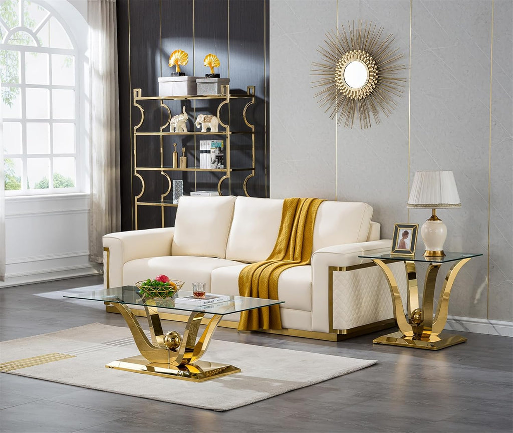 Modern Glass End Table Square Gold Living Room Table Sofa Side Table with 0.4" Tempered Glass Top & Geometric Stainless Steel Base,Luxury Clear Tempered Glass Small Bed Side Corner Table