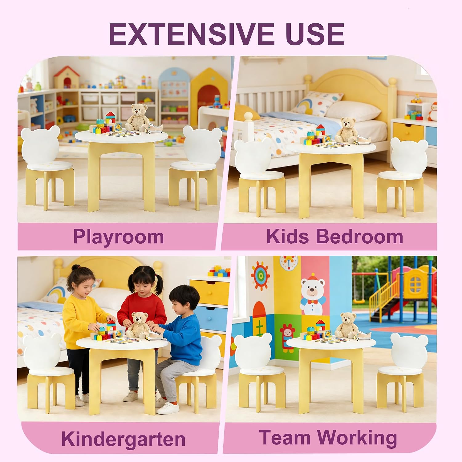 3-Piece Table & Chair Set, Cute Bear-Back Chairs | Ages 3-8 Boys & Girls | Solid Wood Legs | Safe Rounded Corners | Playroom,Daycare, Classroom,Home Activity