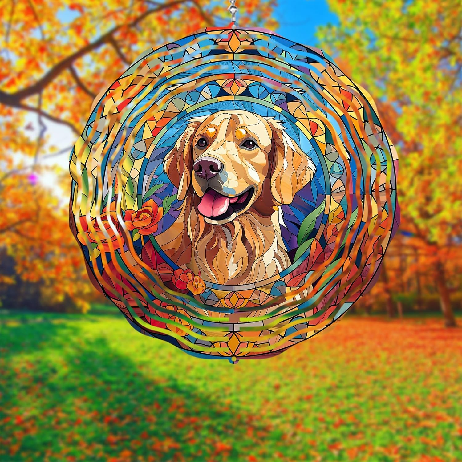 Golden Retriever Wind Spinner Pet Dog Memorial Gifts 3D Aluminum Metal Kinetic Hanging Wind Sculpture Spinners for Yard and Garden Indoor Outdoor Window Garden Decoration 8 Inch (Golden Retriever 1)