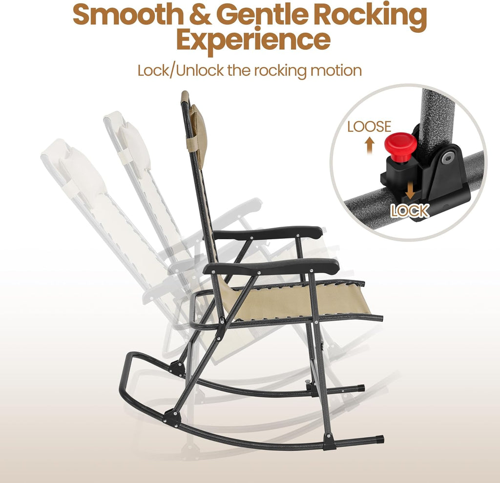 Yaheetech Patio Rocking Chair Folding Camping Chair with Pocket, Beige | Folding rocking recliner with smooth zero-gravity recline, ergonomic design with pillow. Great for patio, lawn & camping.