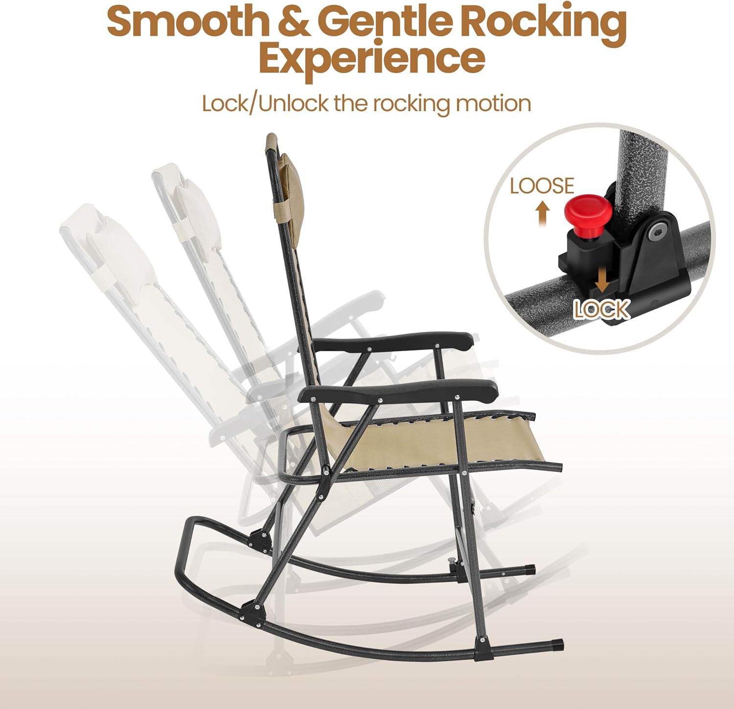 Yaheetech Patio Rocking Chair Folding Camping Chair with Pocket, Beige | Folding rocking recliner with smooth zero-gravity recline, ergonomic design with pillow. Great for patio, lawn & camping.