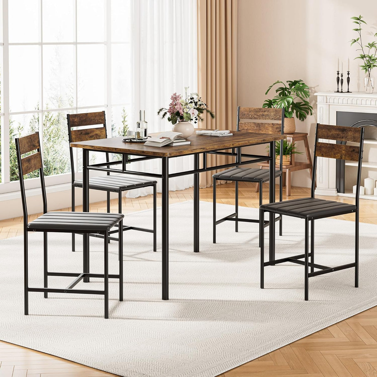 Kitchen Table Chairs Set of 4, 5-Piece Modern Dining Table Set | Kitchen Table and Chairs for Small Space with Upholstered Padded Chairs, Apartment, Rustic Brown