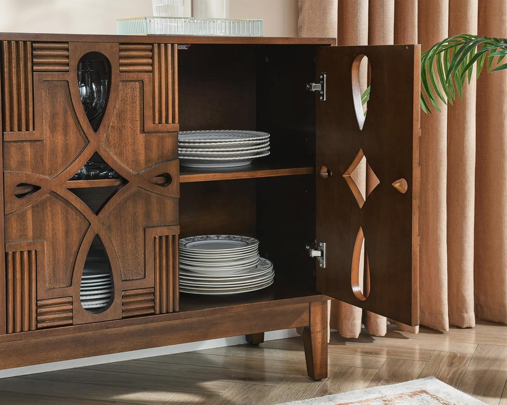 LKTART 60" Mid Century Modern Sideboard Buffet with Hollow Carved Doors and Outlet Holes,Vintage Accent Cabinet Credenzas Storage Cabinet Walnut