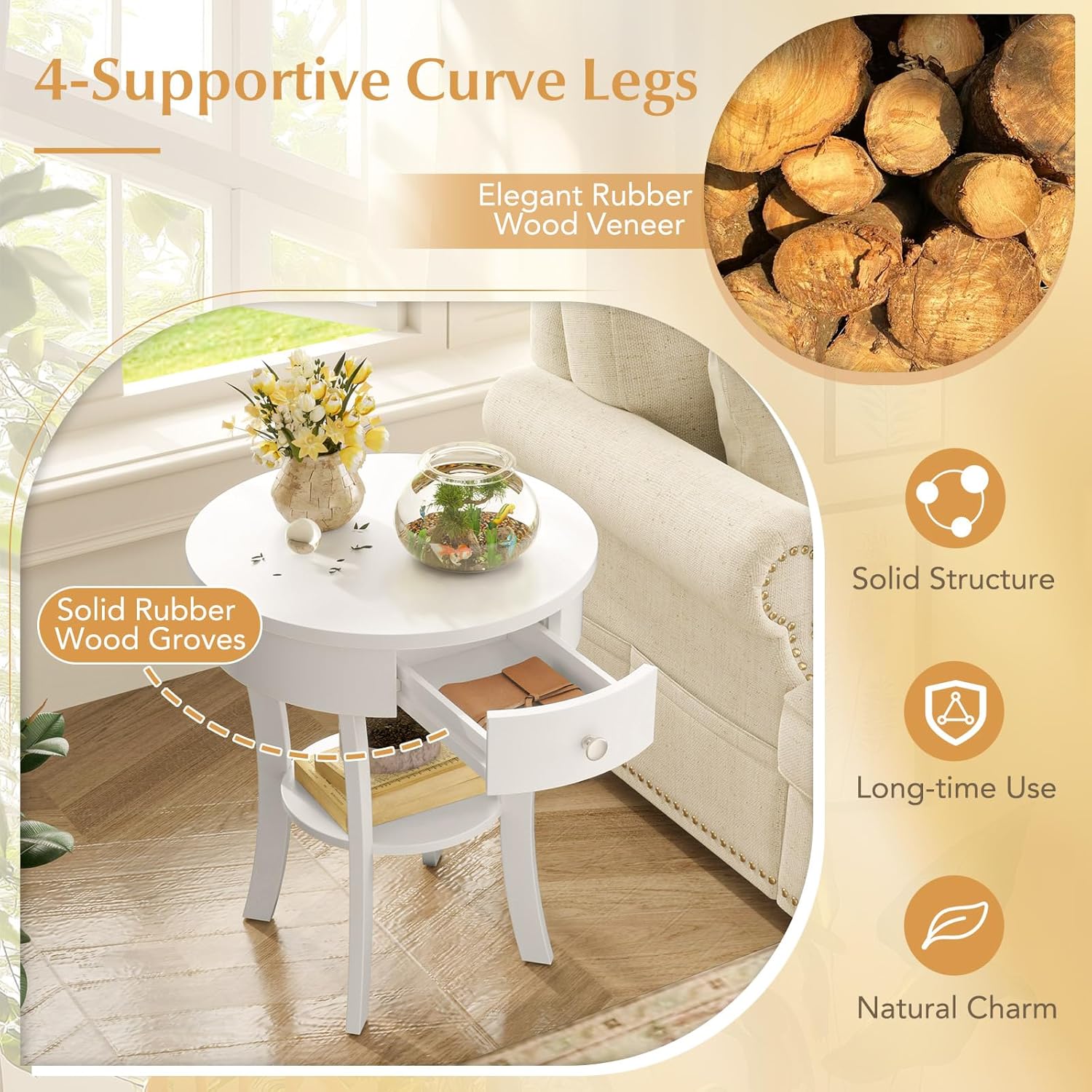 GOFLAME Round End Table with Drawer, 2-Tier Sofa Side Table with Solid Wood Legs, Open Storage Shelf, Vintage Accent Table, Display Table, Compact Nightstand for Living Room, White