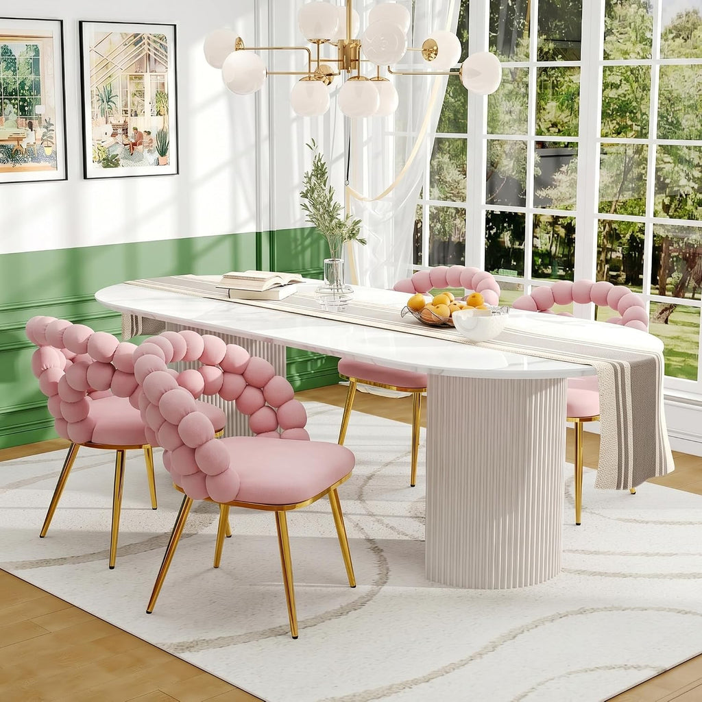 TesNus Velvet Dining Chairs Set of 4, Pink Upholstered Velvet Chairs with Gold Metal Legs, Modern Armchairs with Curved Backrest for Dining Room, Living Room, or Makeup Vanity