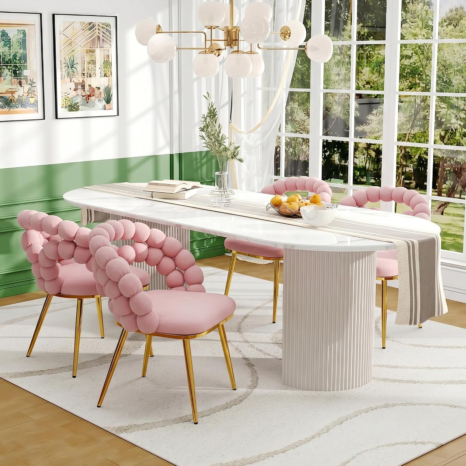 TesNus Velvet Dining Chairs Set of 4, Pink Upholstered Velvet Chairs with Gold Metal Legs, Modern Armchairs with Curved Backrest for Dining Room, Living Room, or Makeup Vanity