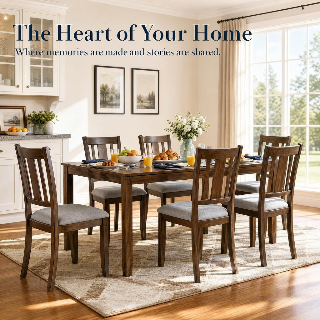 7-Piece Dining Table Set, Counter Height Kitchen Set with Rectangular Table & 6 Slatted Backrest Upholstered Chairs, Farmhouse Dining Room Furniture, Wooden Table & Chair for Home, Walnut