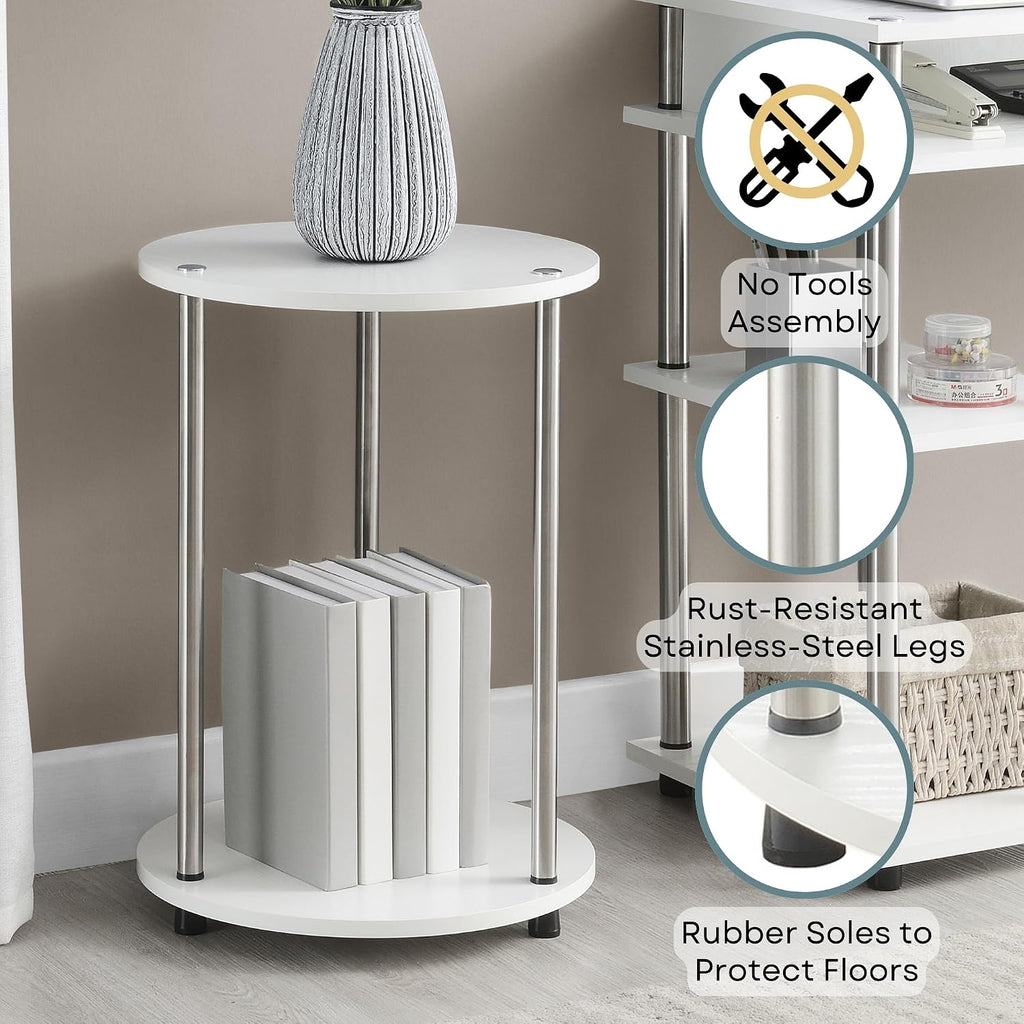 Convenience Concepts Designs2Go No Tools 2 Tier Round End Table 15.75" - Contemporary Modern Side Table with Storage Shelf for Family Room, Office, Den, White