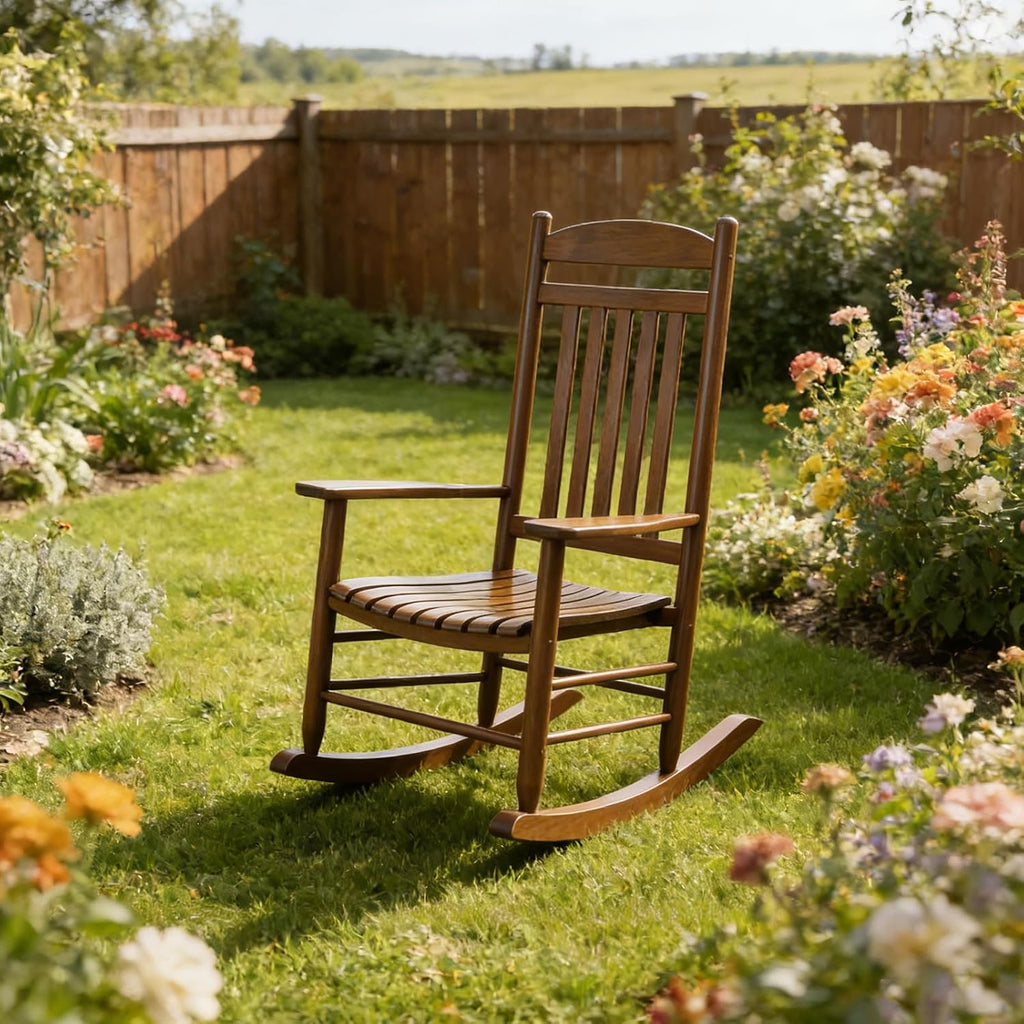 Wooden Outdoor Rocking Chair, Weatherproof Oversized Rocking Chair, Heavy Duty Comfort Brown 450 lbs Weight Capacity, Solid Relaxing Rocker Brown High Back for Patio, Porch, Living Room,