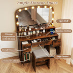 CHARMAID Large Vanity Desk with Arched Mirror and Lights, Vintage Makeup Vanity Table with Charging Station, Storage Drawers & Cabinets, Dressing Table with Stool for Bedroom, Rustic Brown
