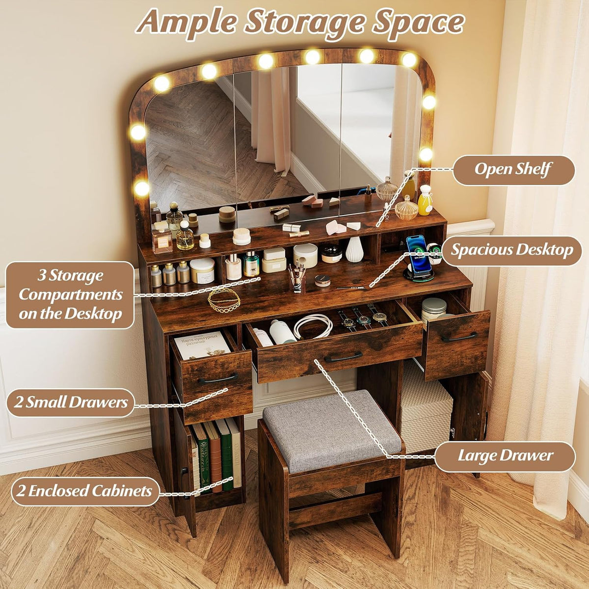 CHARMAID Large Vanity Desk with Arched Mirror and Lights, Vintage Makeup Vanity Table with Charging Station, Storage Drawers & Cabinets, Dressing Table with Stool for Bedroom, Rustic Brown