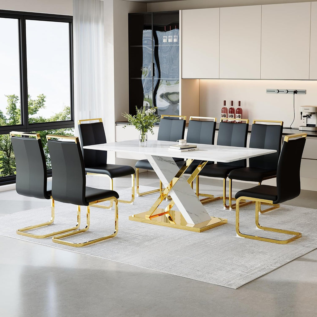 YUNDREAM Modern Marble Dining Table Set for 8,Black Gold 71'' Dining Room Table with Chrome Plated X-Shaped Frame and Black Leather Dining Chairs,Easy Assemble,Kitchen Table and Chairs for Dining Room