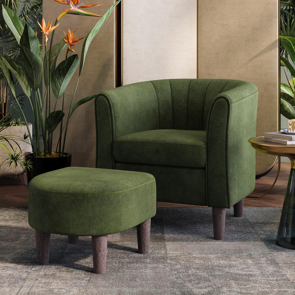 LINSY Accent Chair with Ottoman, Modern Barrel Chair Small Armchair Reading Chair with Footrest, Comfy Round Arms Chair for Living Room Bedroom Reading Room, Velvet, Olive Green