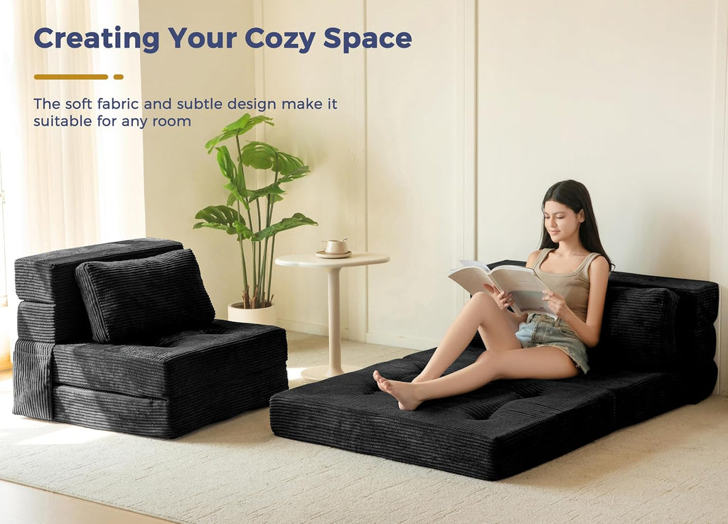 MAXYOYO Convertible Sofa Bed, Fold Out Sofa Couch with Pillow for Adults | Loveseat Sofa 4 in 1 Tufted Folding Couch Bed Foam Floor Couch, Lazy Chair for Living Room Bedroom Guest Room, Black