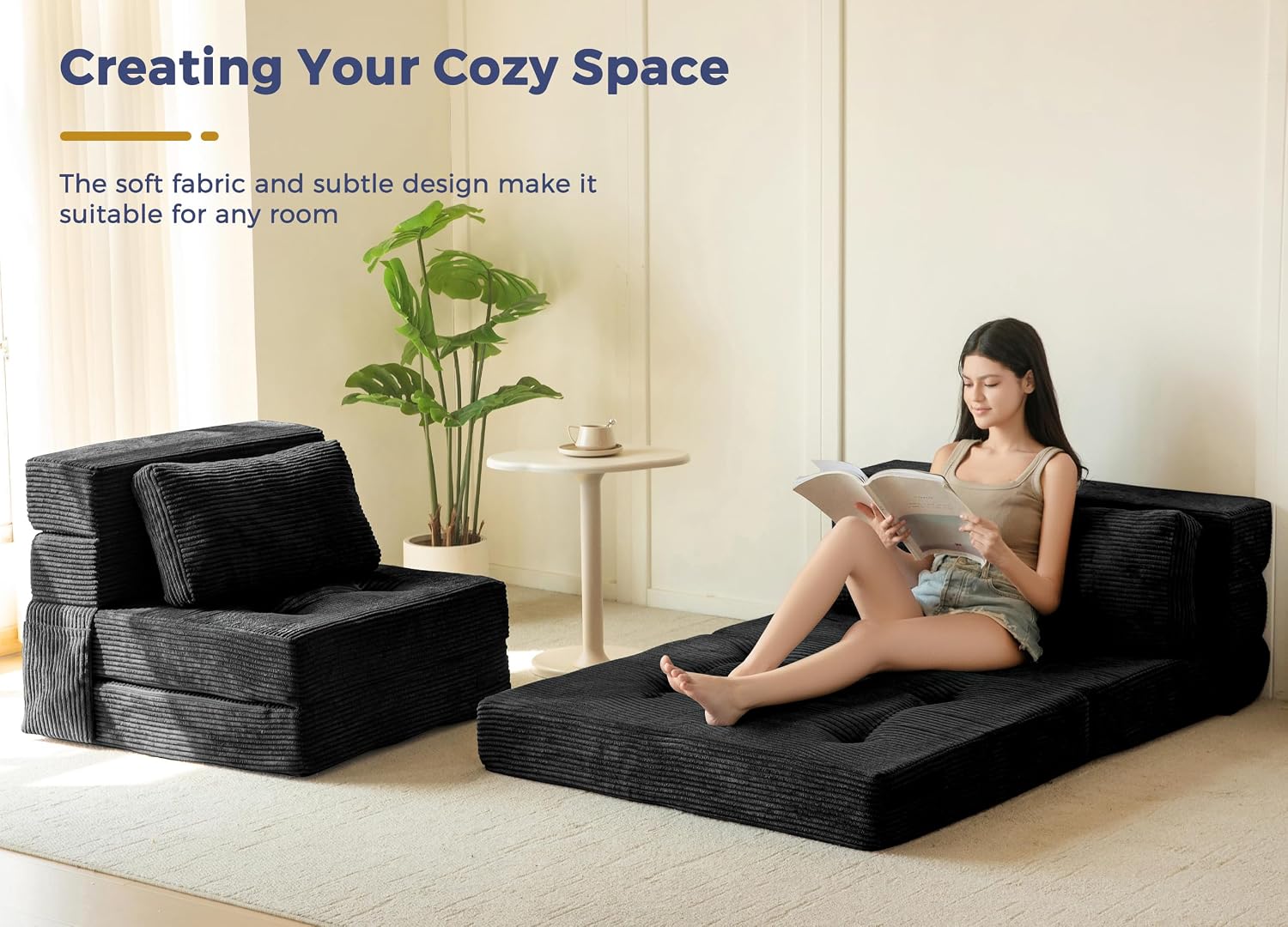 MAXYOYO Convertible Sofa Bed, Fold Out Sofa Couch with Pillow for Adults | Loveseat Sofa 4 in 1 Tufted Folding Couch Bed Foam Floor Couch, Lazy Chair for Living Room Bedroom Guest Room, Black