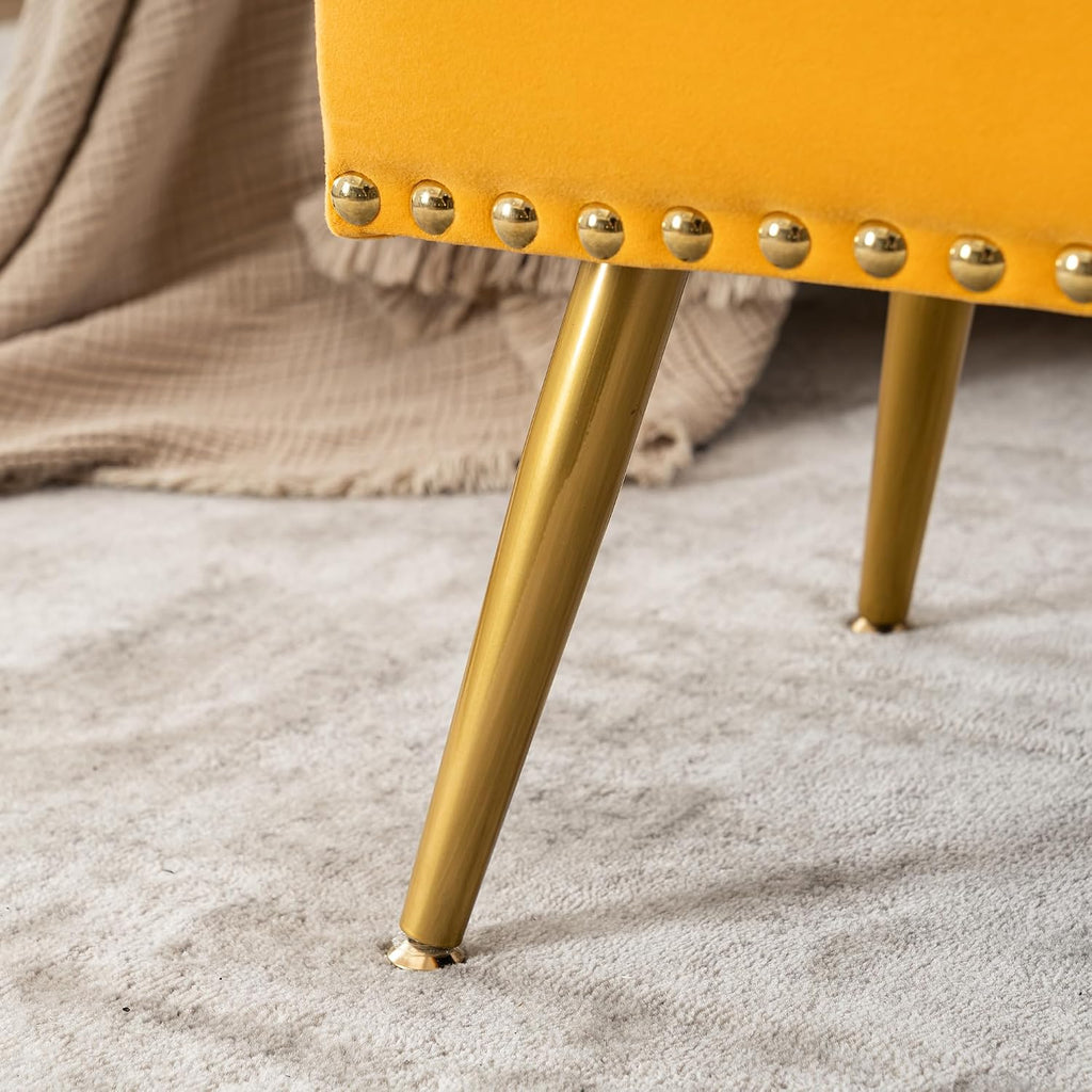 40" Mustard Yellow Velvet Storage Bench with Gold Legs Nailhead Trim | Tufted Ottoman, End of Bed Bench, Upholstered, For Bedroom/Living Room/Window/Entryway/Dining Bench, Modern, Rectangle