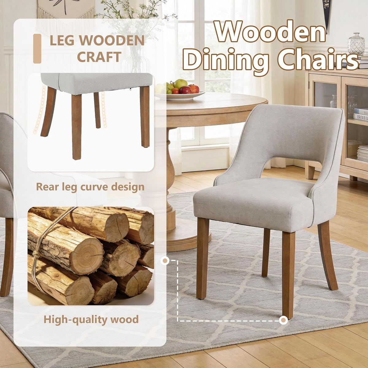 ClinQ Wooden Dining Chairs Set of 6, Modern Fabric Upholstered Kitchen Chairs Dining Chair, Mid Century Modern Chair for Kitchen Dining Room, Farmhouse Kitchen Chairs, Light Gray-Walnut Legs