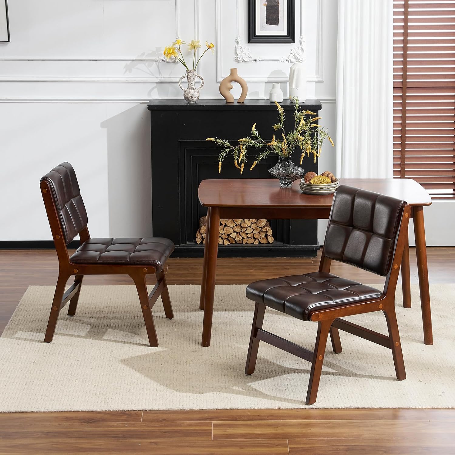 Furniliving Oak Wooden Dining Chairs Set of 2, Mid-Century Modern Leather Upholstered Kitchen Chair, Farmhouse Dining Room Chairs with Wide Seat, Brown