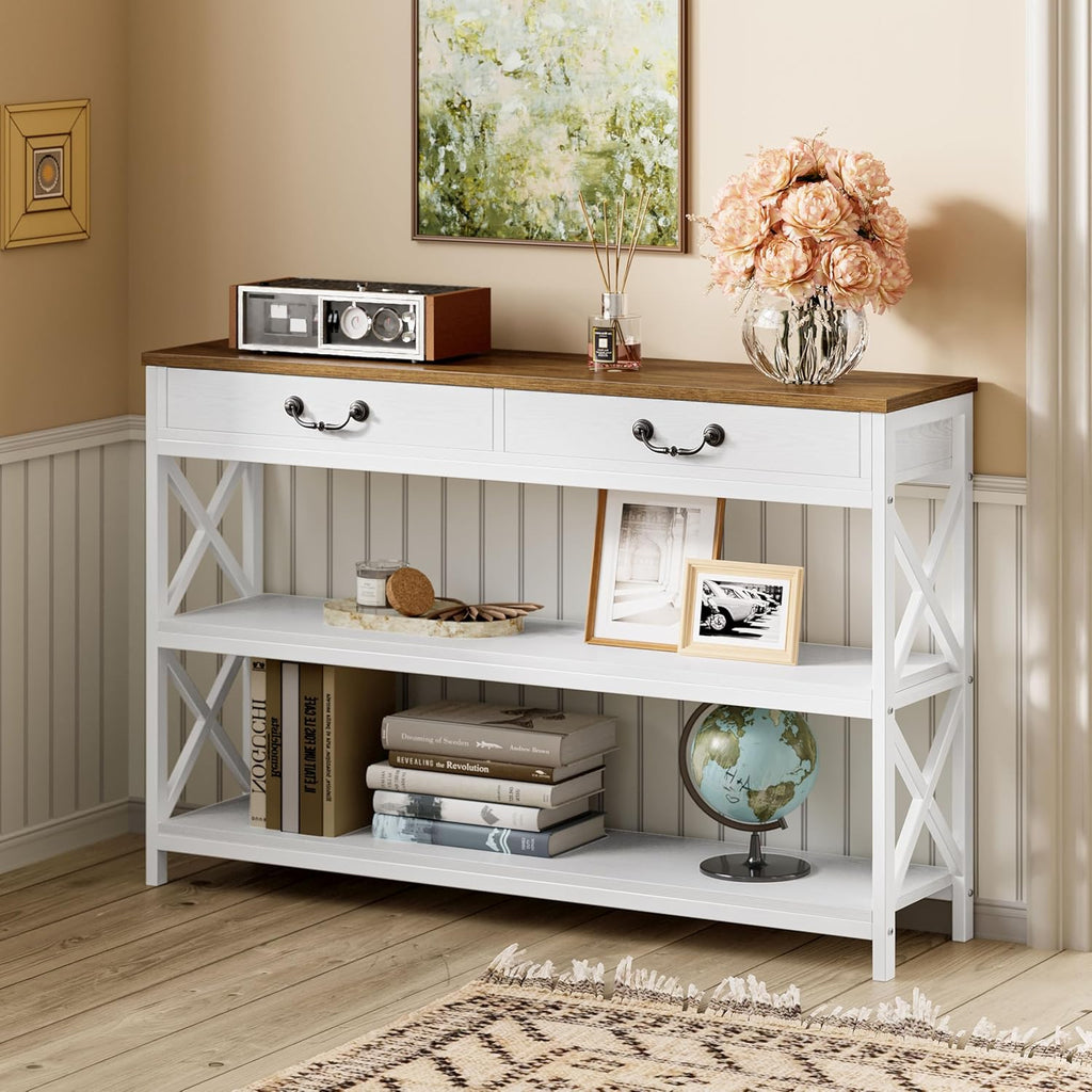 IRONCK 47.2" Farmhouse Console Table, Sofa Table with Drawer, Narrow Long Entry Table with 2 Shelf for Entryway, Living Room, Hallway, White/Walnut