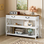 IRONCK 47.2" Farmhouse Console Table, Sofa Table with Drawer, Narrow Long Entry Table with 2 Shelf for Entryway, Living Room, Hallway, White/Walnut