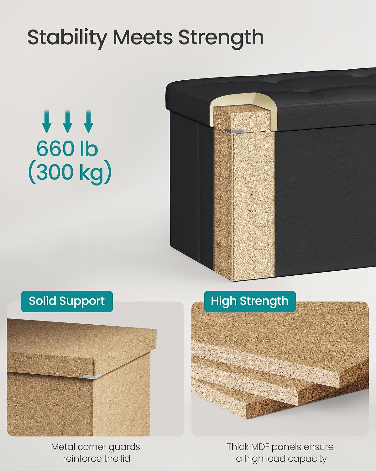 SONGMICS MAZIE Collection - 43 Inches Folding Storage Ottoman Bench, Ottoman with Storage, Foot Rest Stool, Load 660 lb, for Living Room, Synthetic Leather, Black ULSF701