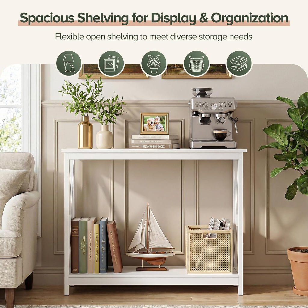 ZenStyle Sofa Side Console Table with 2 Storage Shelves Narrow Accent Table for Entryway/Hallway/Living Room, 39.3in L x 11.8in W x 31.6in H (White, 39.3 inch)