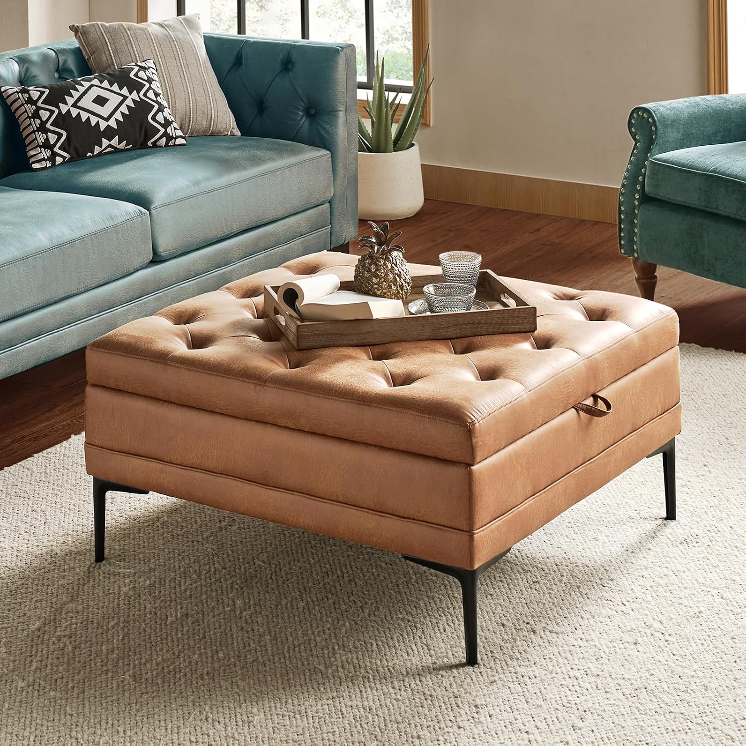 HULALA HOME Tufted Faux Leather Coffee Table, Camel | 36.5" Square Storage Ottoman with Metal Legs, Large Upholstered Ottoman for Couch and Living Room