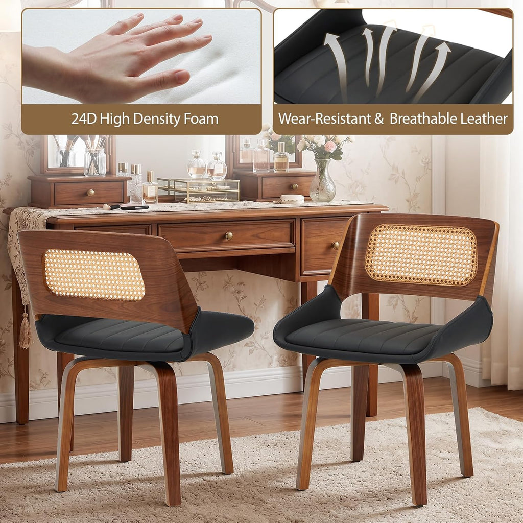 AVAWING Swivel Dining Chairs Set of 4, Mid Century Modern Dining Room Chairs with Cane Back & Leather Seat, Upholstered Rattan Chairs with Walnut Bentwood Frame & Adjustable Foot Pads, Black