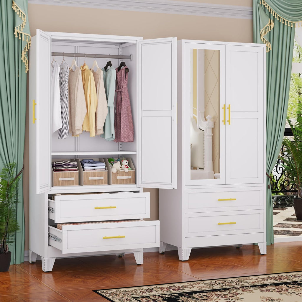 GAIOUS Steel Armoire Wardrobe Closet with Mirror and 2 Drawers 71" White | Clothes Storage Cabinets with 2 Doors, 1 Adjustable Shelf, Metal Wardrobe Cabinet with Hanging Rod for Bedroom, Gym, Cloak