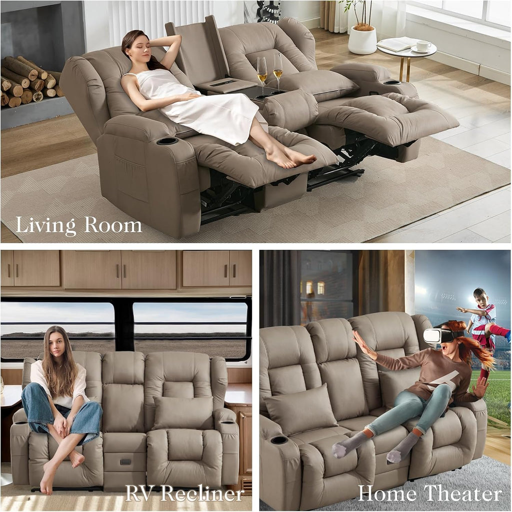 Loveseat Recliner Sofa,RV Wall Hugger Recliners for Small Spaces,Reclining Loveseat Sofa Recliner with Cup Holders/Lumbar Pillows,RV Furniture (Khaki, Loveseat with Flip-up Console)