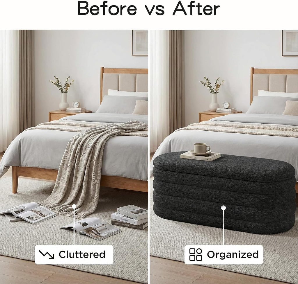 Furniliving Storage Ottoman Bench, 45'' Upholstered Boucle Ottoman with Storage, Aesthetic End of Bed Bench for Bedroom Living Room Entryway, Black