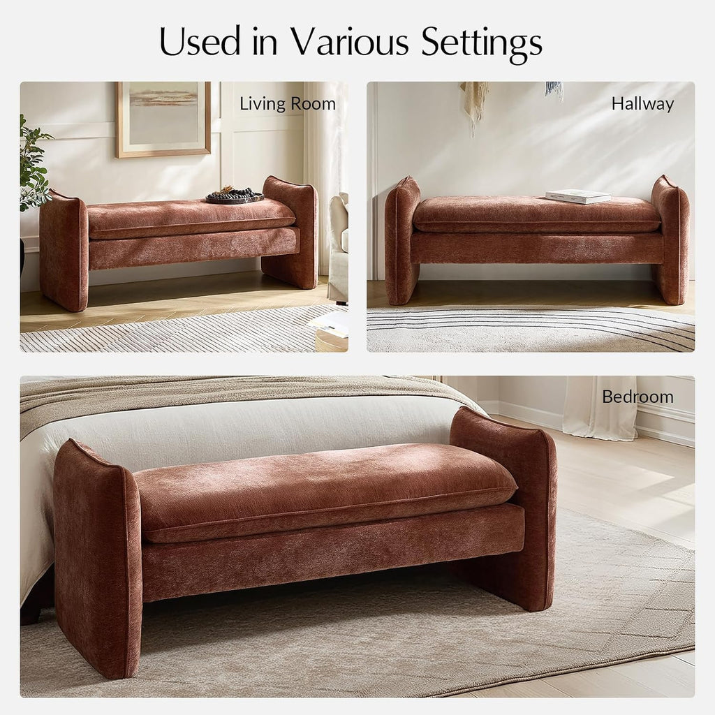 HULALA HOME 57.5" Modern Chenille Upholstered Bench, End of Bed Bench with Thick Padded Seat, Plush Cushion Bedroom Bench for Bedroom, Living Room, Rust