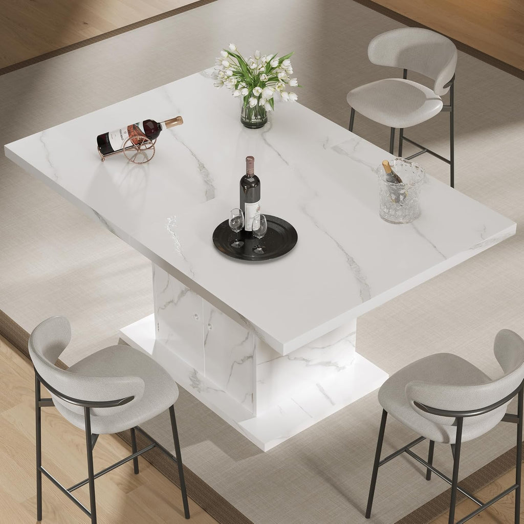 Extendable Dining Table for 4-6, 47-63in Expandable Kitchen Rectangle Dining Table with Removable Leaves, Modern Faux Marble Kitchen Table with Storage for Kitchen Living Room, White Faux Marble