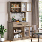 DWVO 71'' Tall Kitchen Pantry Storage Cabinet, Ivory Grey | Charge Station, Farmhouse Glass Display, Microwave Stand & Hooks & Drawers & Shelves, For Home Living Dining Room