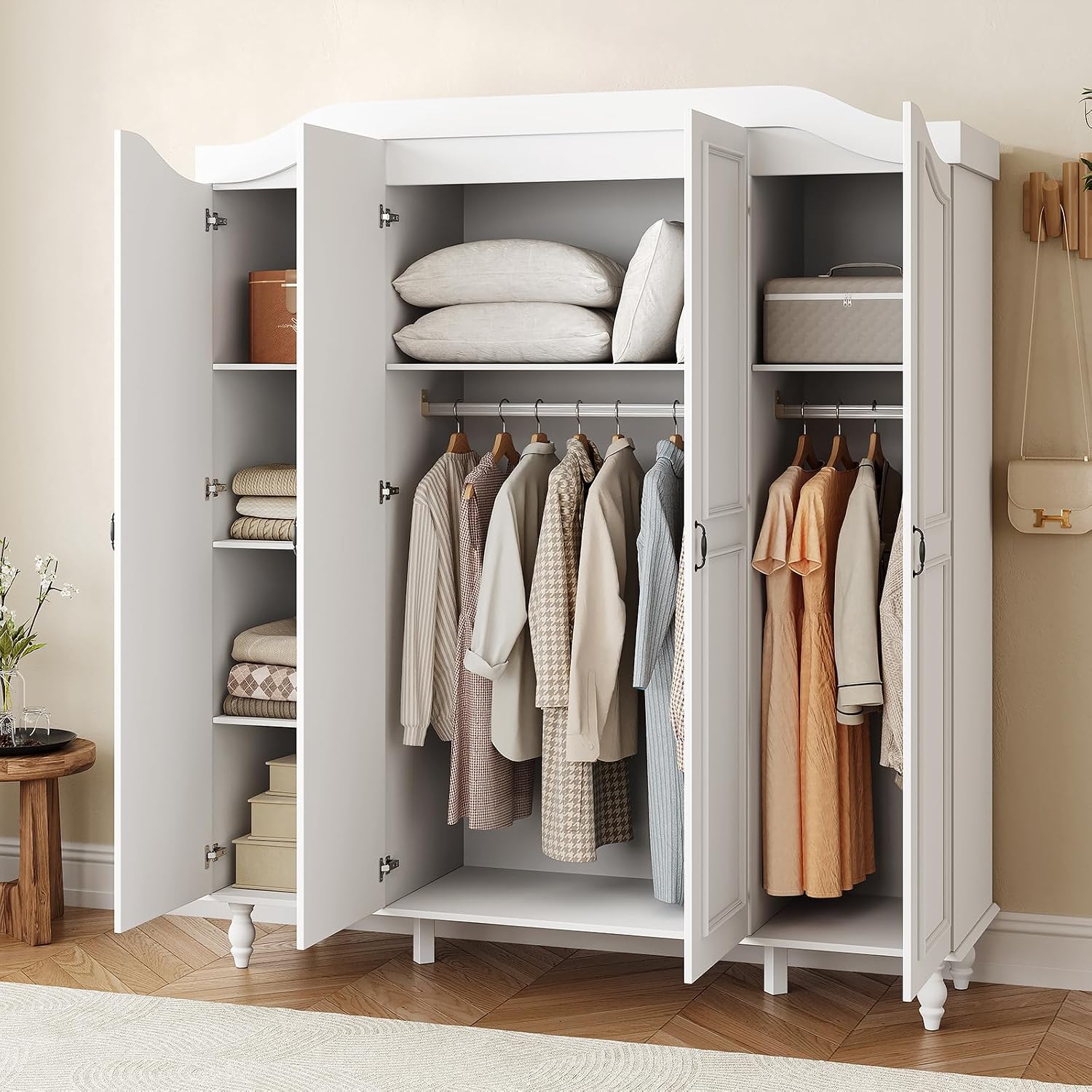 71" H Arched Armoire Wardrobe Closet with 4 Doors, Wooden, White | Large Capacity Wardrobe Cabinet with 2 Hanging Rods and 8 Shelves,Freestanding Armoire Storage Cabinet for Bedroom,Cloak Room