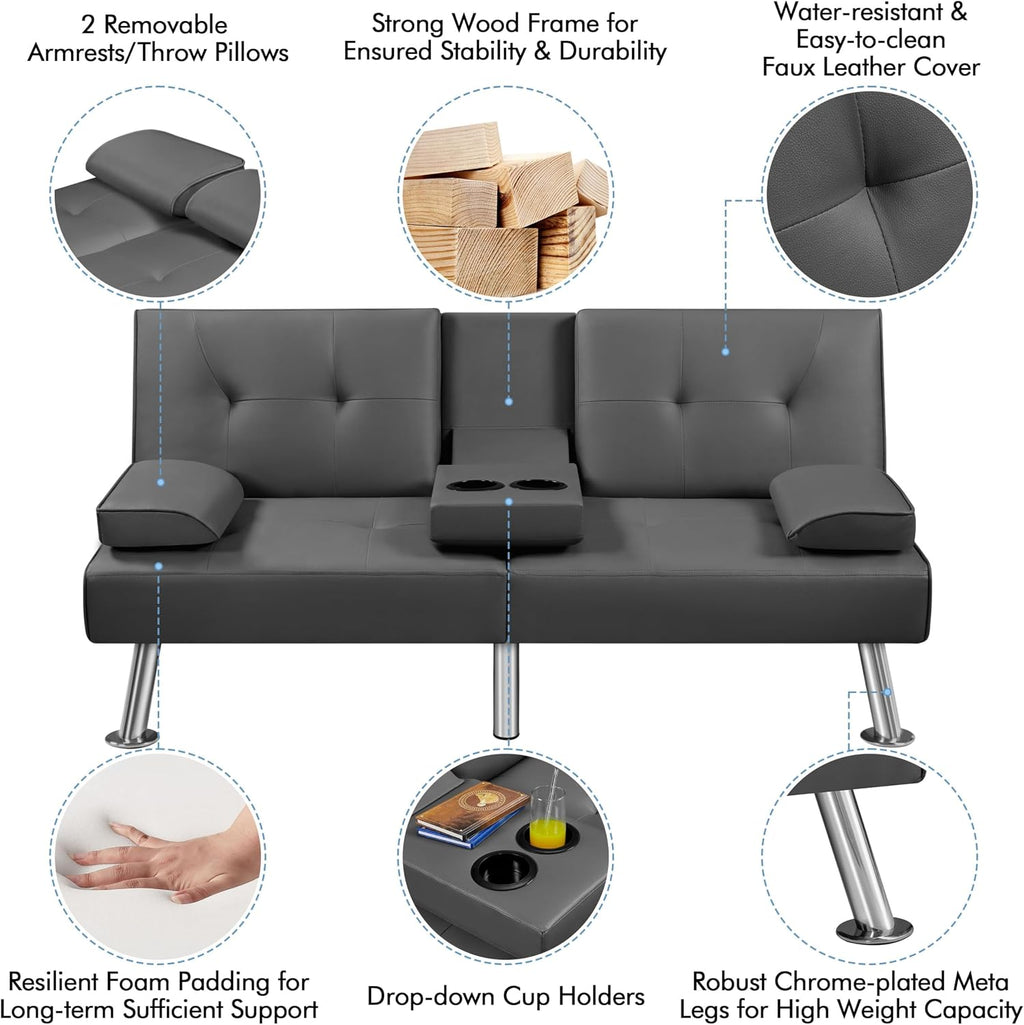 Yaheetech Convertible Futon Sofa Bed Loveseat with Cup Holder, Gray | 3 Angles Sofa, Recliner Chair, Bed, Compact Faux Leather Love Seat for Living Room, Guest Room, Dorm, Small Apartment