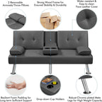Yaheetech Convertible Futon Sofa Bed Loveseat with Cup Holder, Gray | 3 Angles Sofa, Recliner Chair, Bed, Compact Faux Leather Love Seat for Living Room, Guest Room, Dorm, Small Apartment