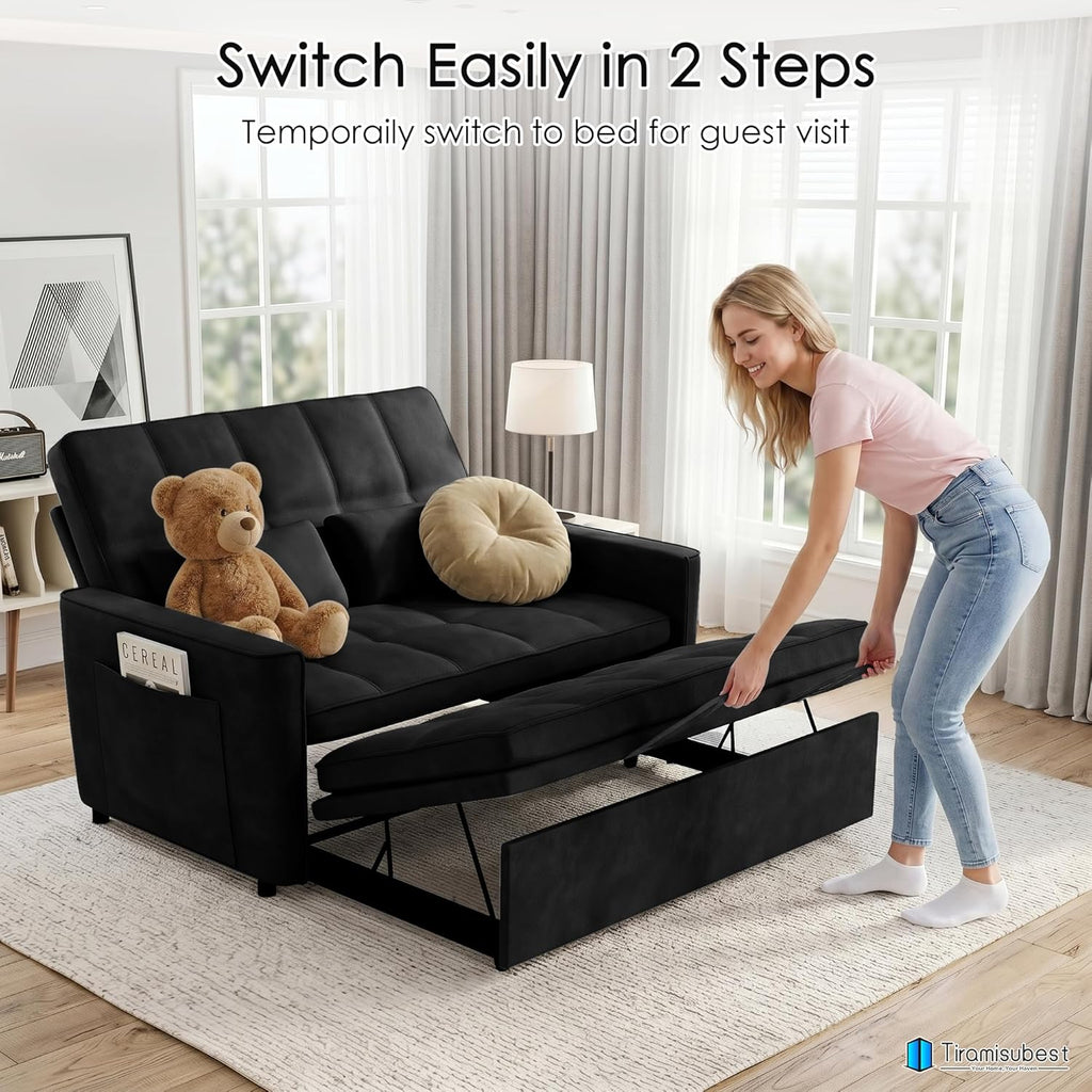 54'' Sleeper Sofa Bed, Convertible Pull Out Couch Futon for for Living Room,Apartment (Black, Loveseat) Side Pockets, Velvet Fabric, Adjustable Backrest, Pull-Out Bed, Easy Assembly